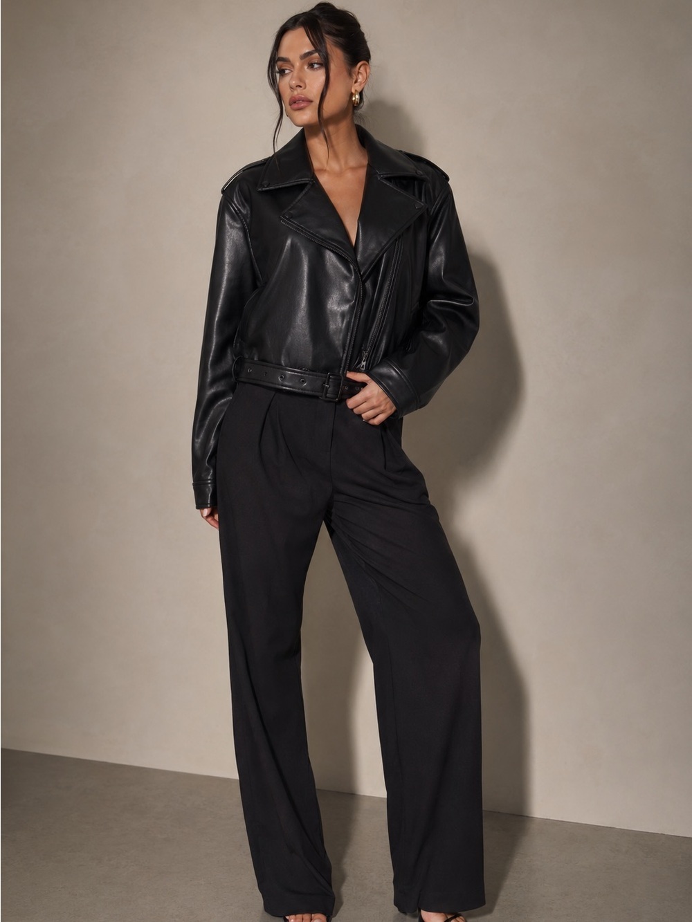 Meshki Cropped Black Faux Leather Jacket Bikercore Moto Oversized